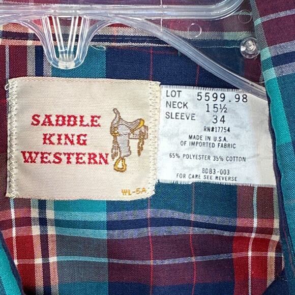 VTG 70s 80s Saddle King Western Pearl Snap Shirt Men M 15.5 Plaid Cowboy USA - Picture 7 of 8